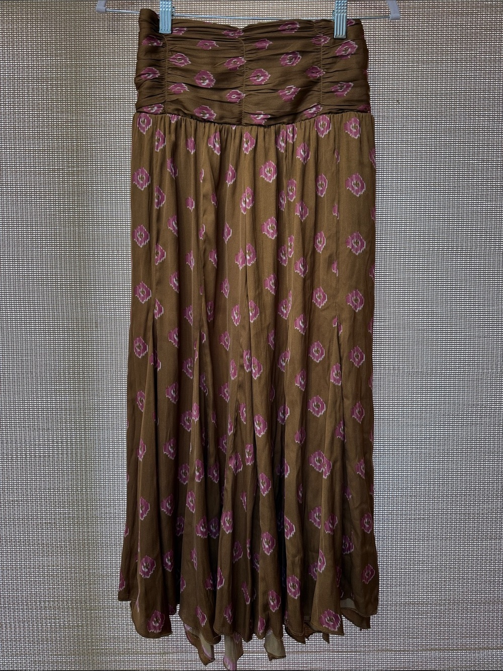 Anthropologie Brown Maxi Skirt with Pink Motif